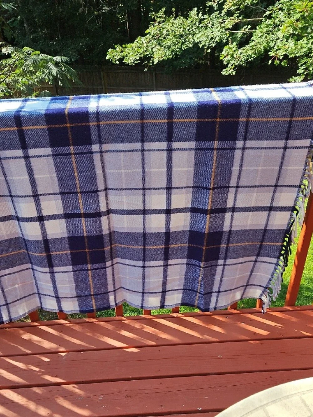 Vintage Faribo Blue Grey Gold Plaid Fringe Throw Stadium Blanket Size 52 X 52